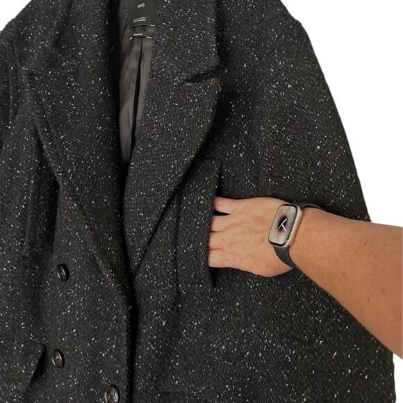 MNG Mango Italian Wool Blend Double-Breasted Coat Women's M Black Speckled Long - Picture 4 of 10